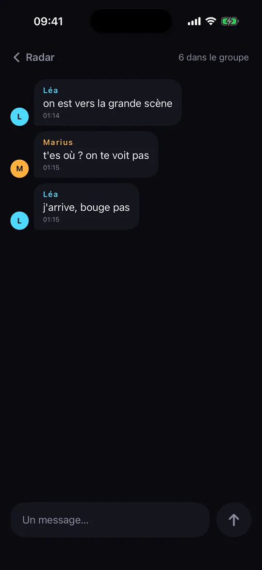 La messagerie de KapFind : trois messages du groupe et le champ de saisie.