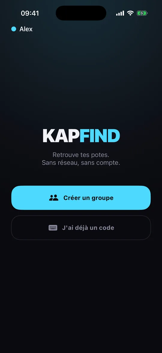 L'écran d'accueil de KapFind : créer un groupe, ou entrer un code existant.