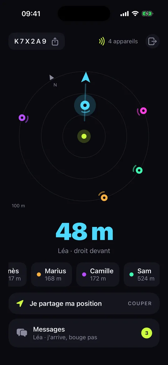 Le radar de KapFind : cinq personnes du groupe, l'aiguille pointe Léa à 49 mètres droit devant.